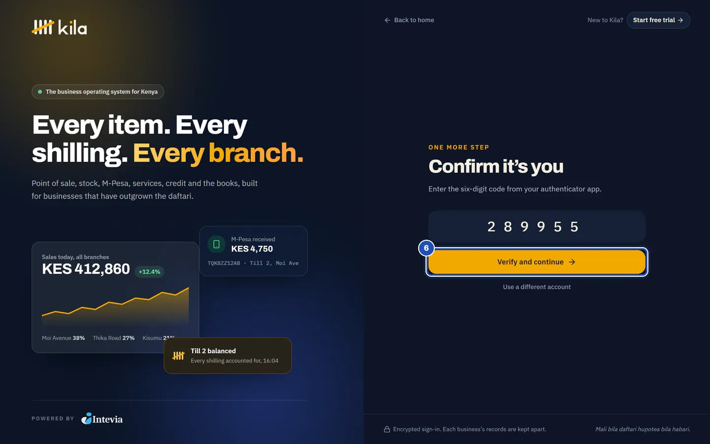 Signing in: One more step, Confirm it's you, with a six-digit code typed and Verify and continue marked 6.