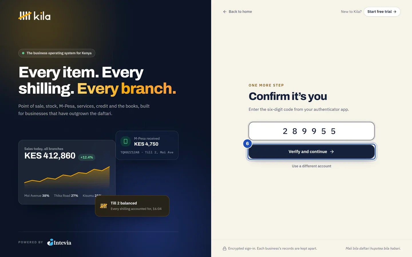 Signing in: One more step, Confirm it's you, with a six-digit code typed and Verify and continue marked 6.