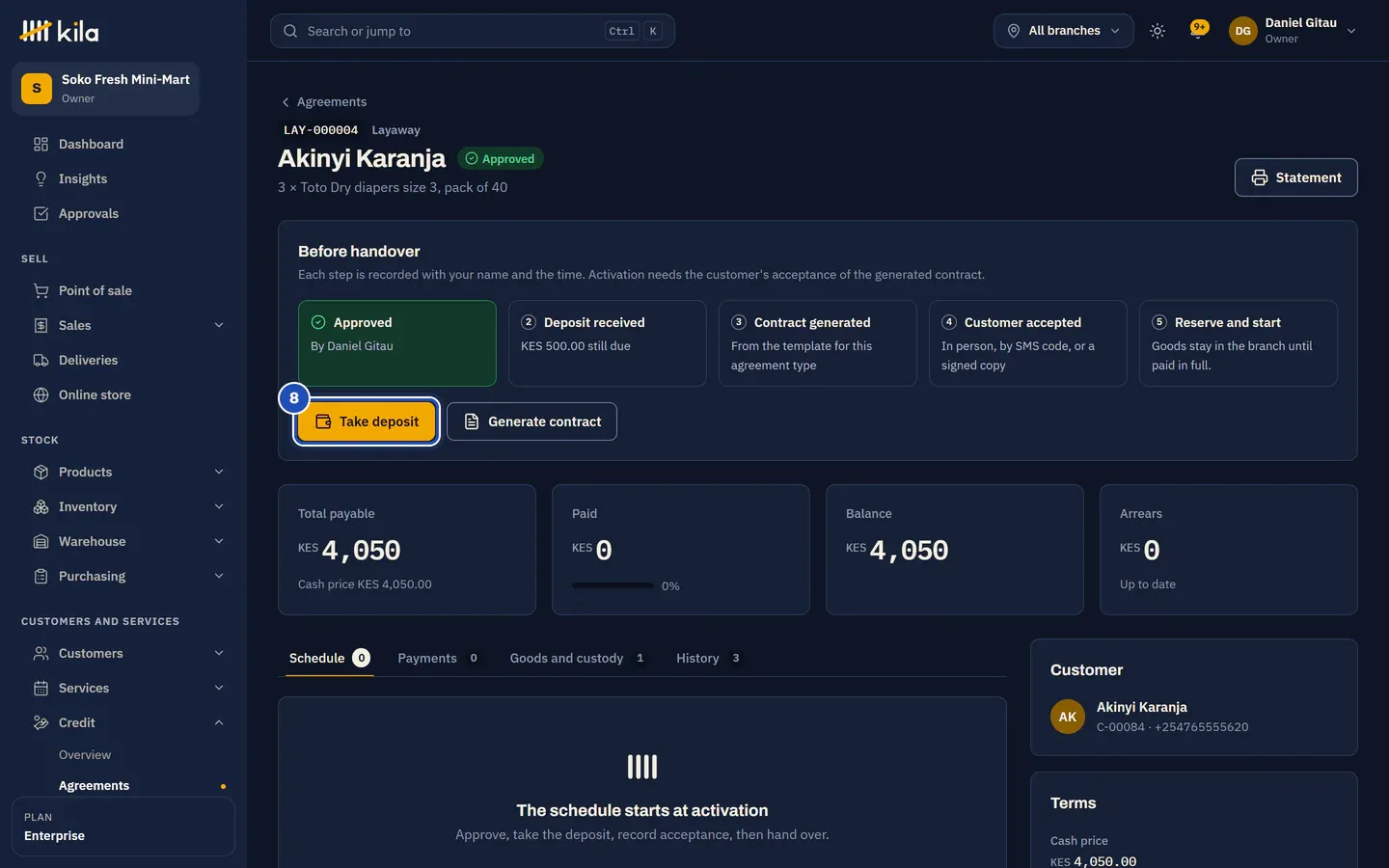 Agreement LAY-000003 for Akinyi Karanja, approved: Before handover with five steps, Approved, Deposit received with KES 500.00 still due, Contract generated, Customer accepted and Reserve and start, and Take deposit (8) beside Generate contract.