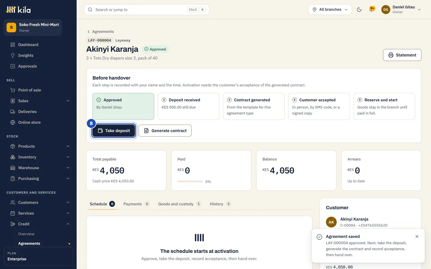 Agreement LAY-000003 for Akinyi Karanja, approved: Before handover with five steps, Approved, Deposit received with KES 500.00 still due, Contract generated, Customer accepted and Reserve and start, and Take deposit (8) beside Generate contract.