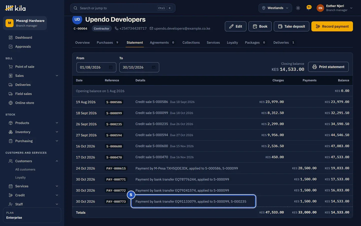 Upendo Developers' statement: credit sales with their due dates, then payments by M-Pesa and by bank transfer. The new bank transfer, applied to the oldest invoice still open, is marked 5.