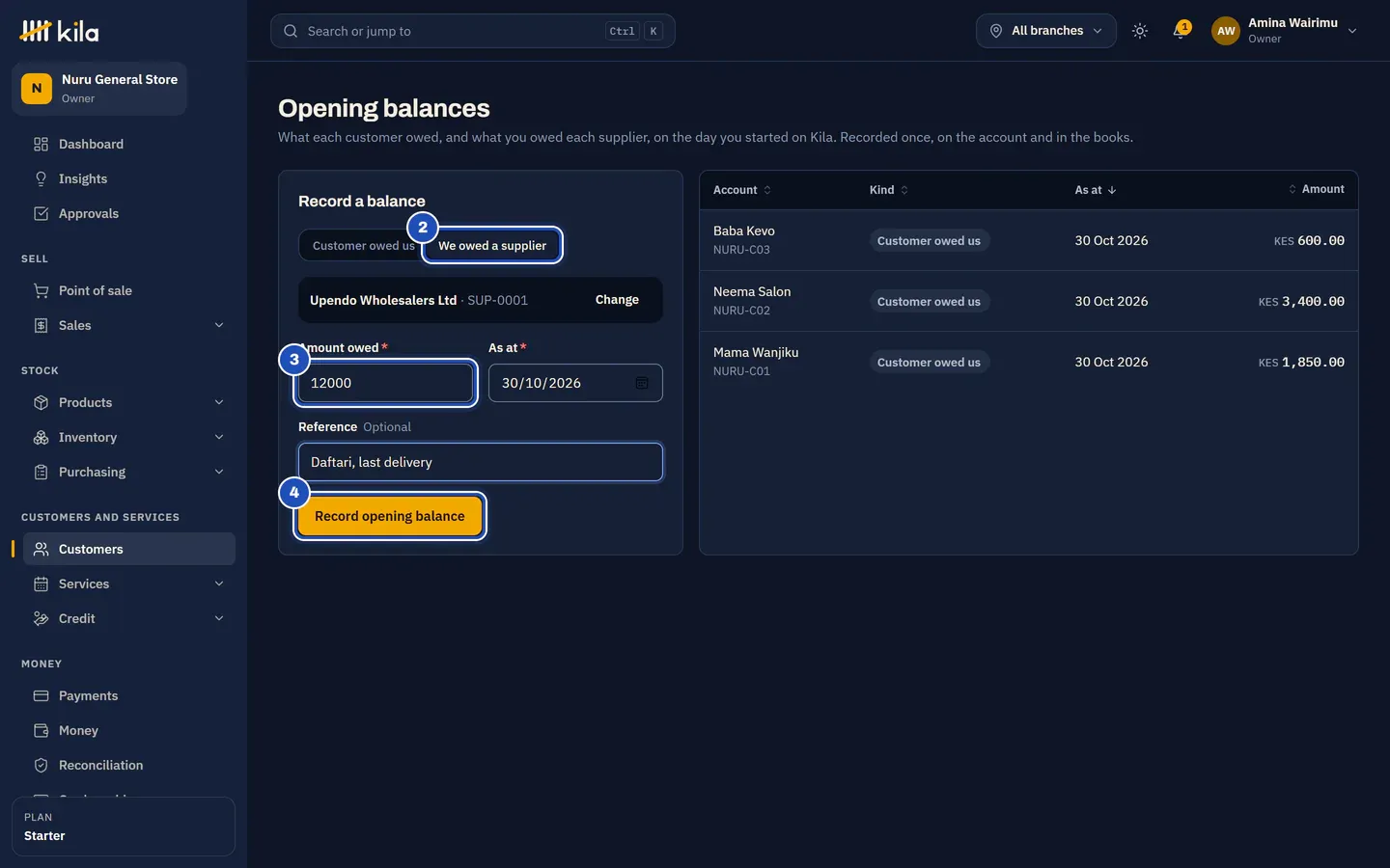 Record a balance: We owed a supplier (2), Upendo Wholesalers Ltd chosen, Amount owed 12000 (3), As at today, a reference, and Record opening balance (4). The list beside it shows the customers from the file, each Customer owed us.