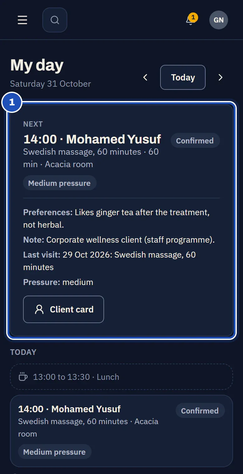 Grace Njeri's My day at Serenity Spa on a phone: her next client marked 1, with the treatment, its length and the room, the pressure they like, their preferences, a note and the last visit, then her break and today's clients.
