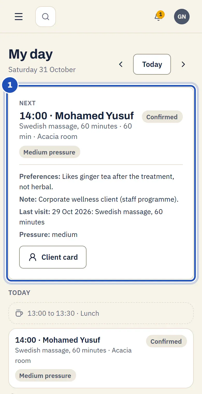 Grace Njeri's My day at Serenity Spa on a phone: her next client marked 1, with the treatment, its length and the room, the pressure they like, their preferences, a note and the last visit, then her break and today's clients.
