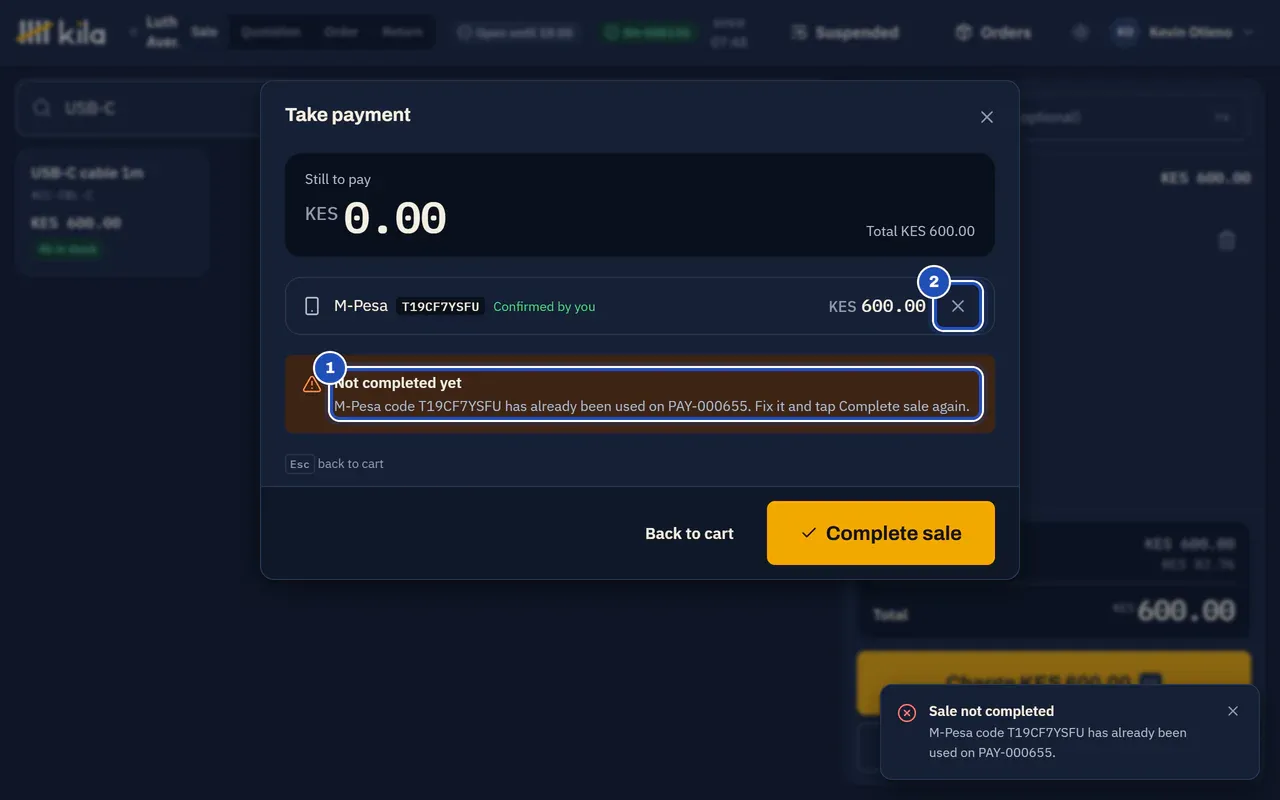 The same code used again: Not completed yet, the code has already been used on another payment (1). The x that removes the M-Pesa line is marked 2.