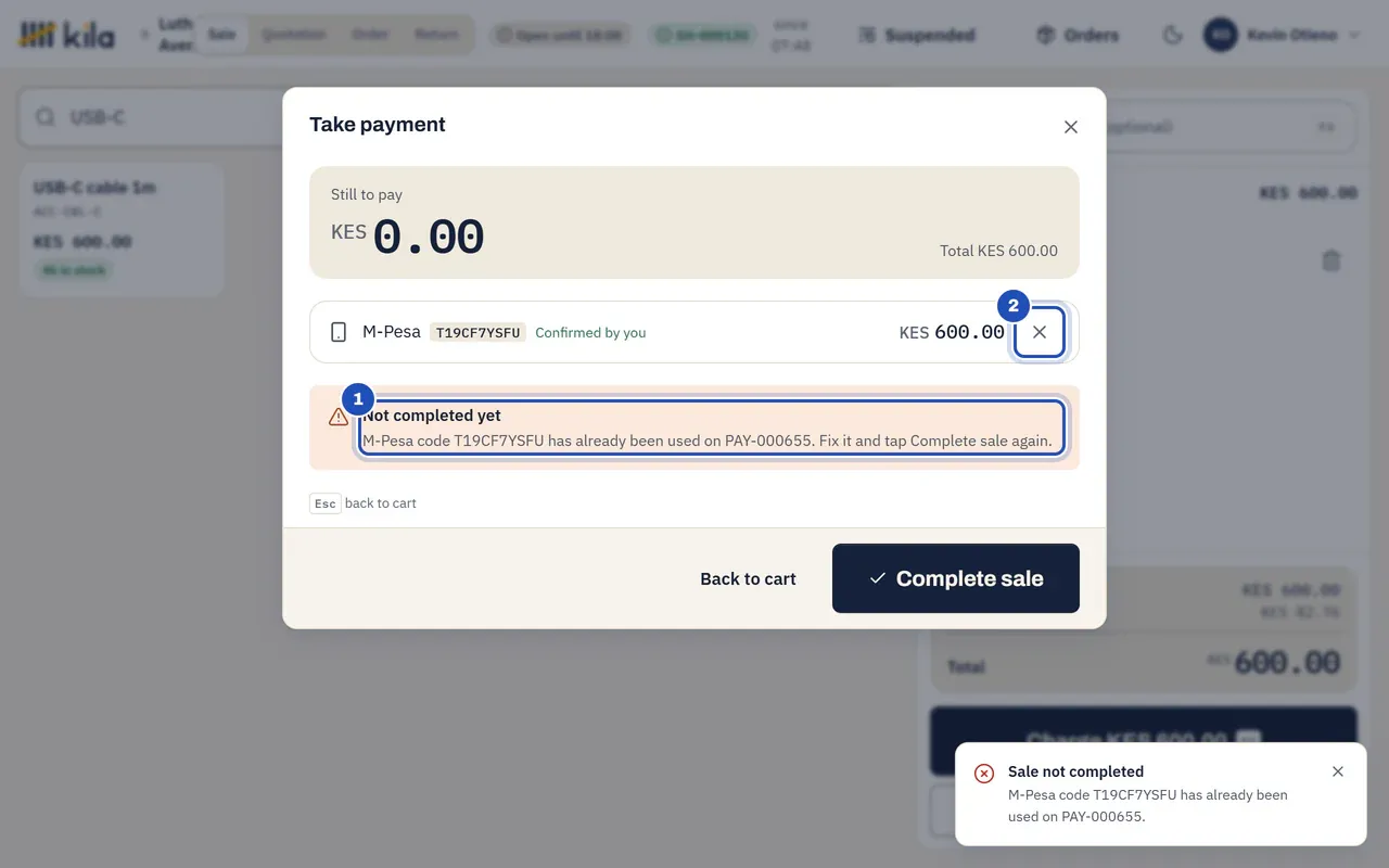 The same code used again: Not completed yet, the code has already been used on another payment (1). The x that removes the M-Pesa line is marked 2.