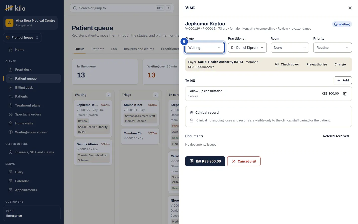 A visit opened from the patient queue: its Stage marked 6, practitioner, room and priority, the payer and the lines to bill, and the clinical record closed to the desk.