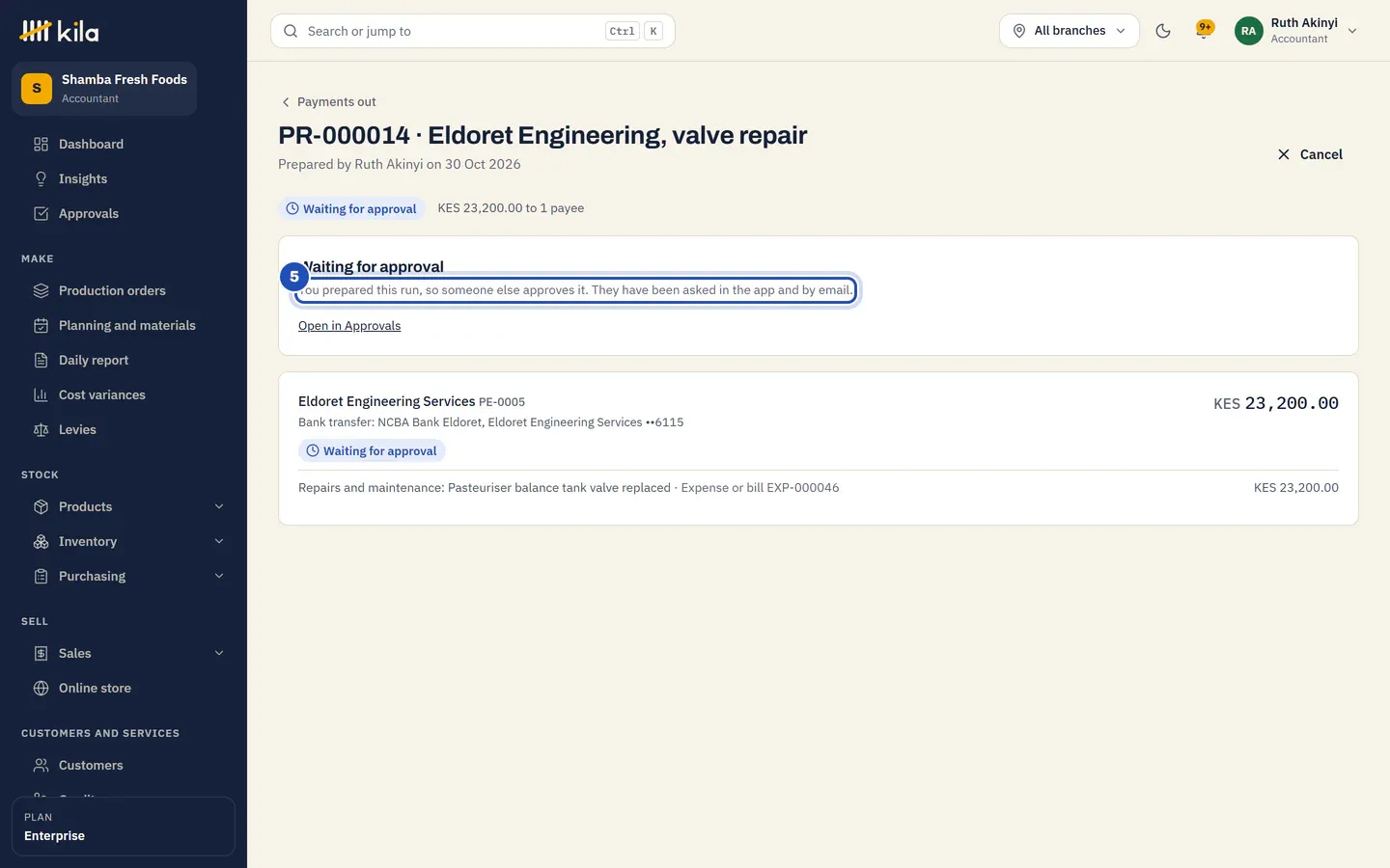 The run waiting for approval (5): one payment by bank transfer to Eldoret Engineering Services for the repair.