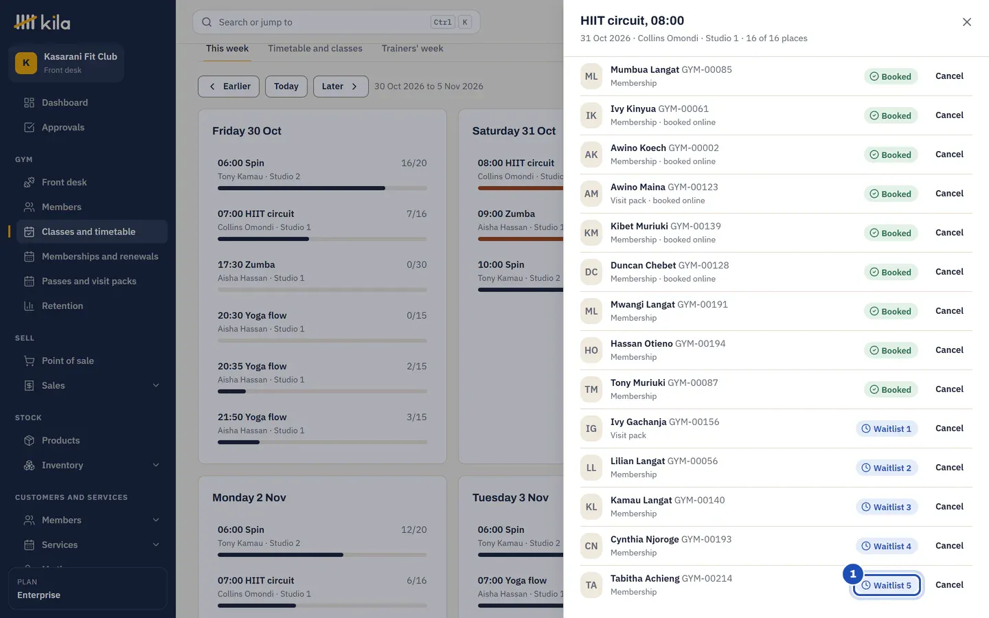 A full class's list: the member just booked shows Waitlist and their number, marked 1.