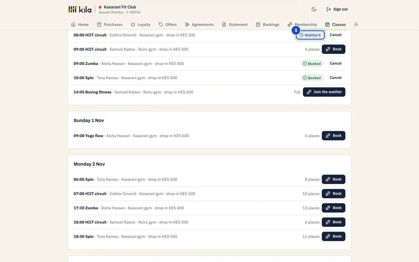 A full class with Waitlist 6 marked 1, and Cancel next to it.