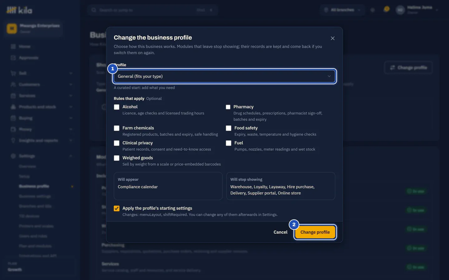 Change the business profile on the way back: Profile General (fits your type) (1), and the Change profile button (2).