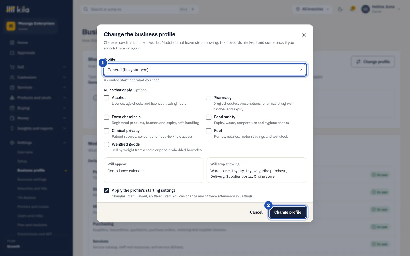 Change the business profile on the way back: Profile General (fits your type) (1), and the Change profile button (2).