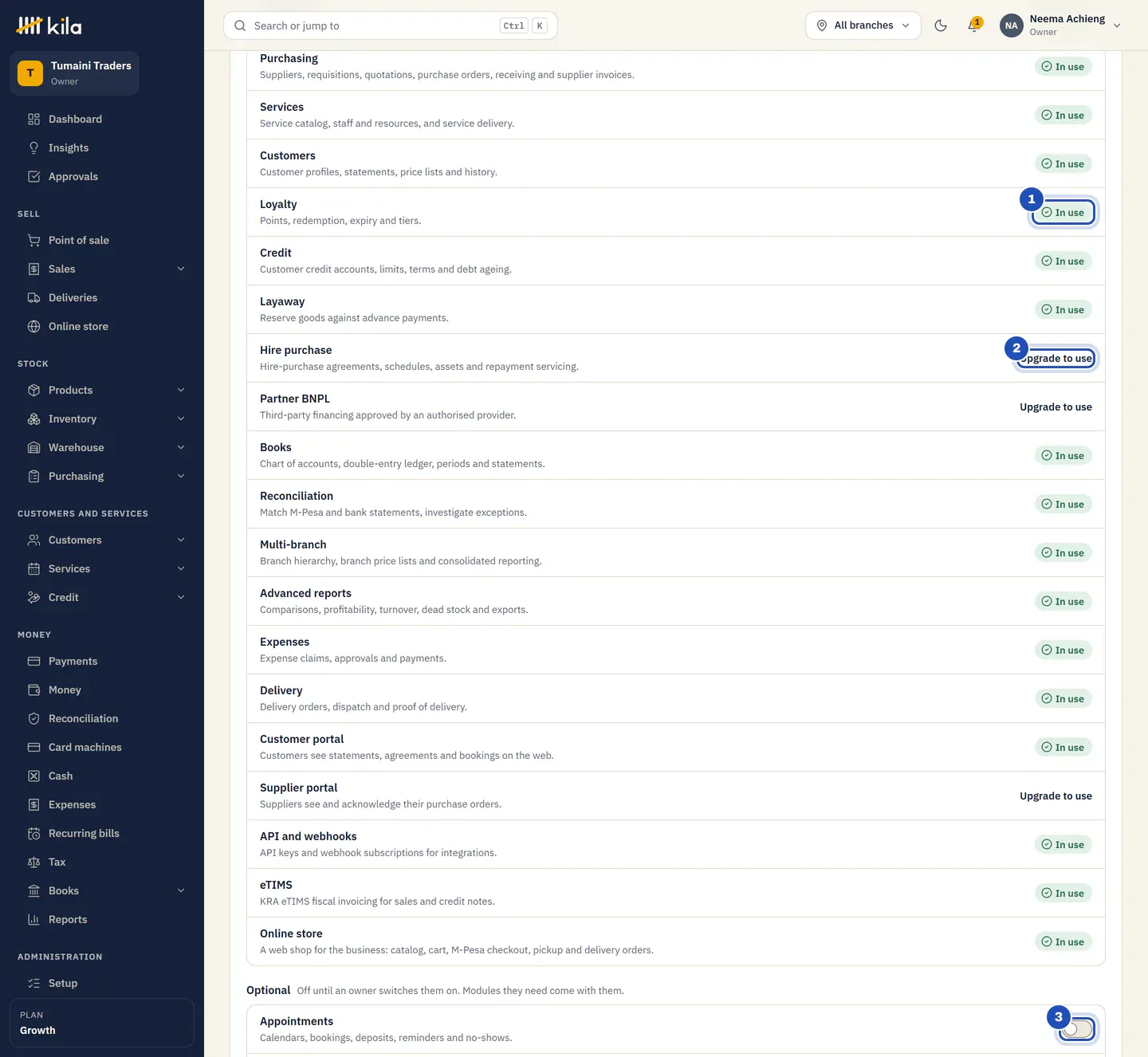 Business profile, Modules: Loyalty is In use (1), Hire purchase says Upgrade to use (2), and under Optional, Appointments has its switch, off (3).