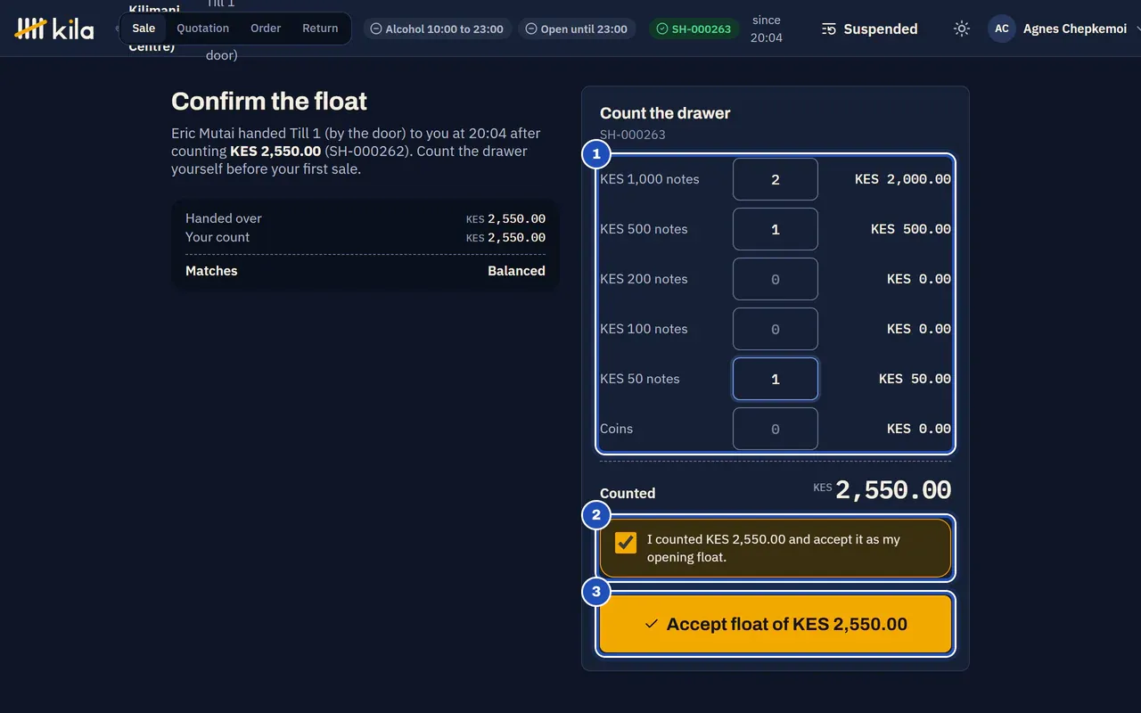 Confirm the float, for Agnes Chepkemoi: handed over KES 2,550.00 and her count KES 2,550.00 match. The count is marked 1, the box I counted KES 2,550.00 and accept it as my opening float is ticked (2), and Accept float of KES 2,550.00 is marked 3.