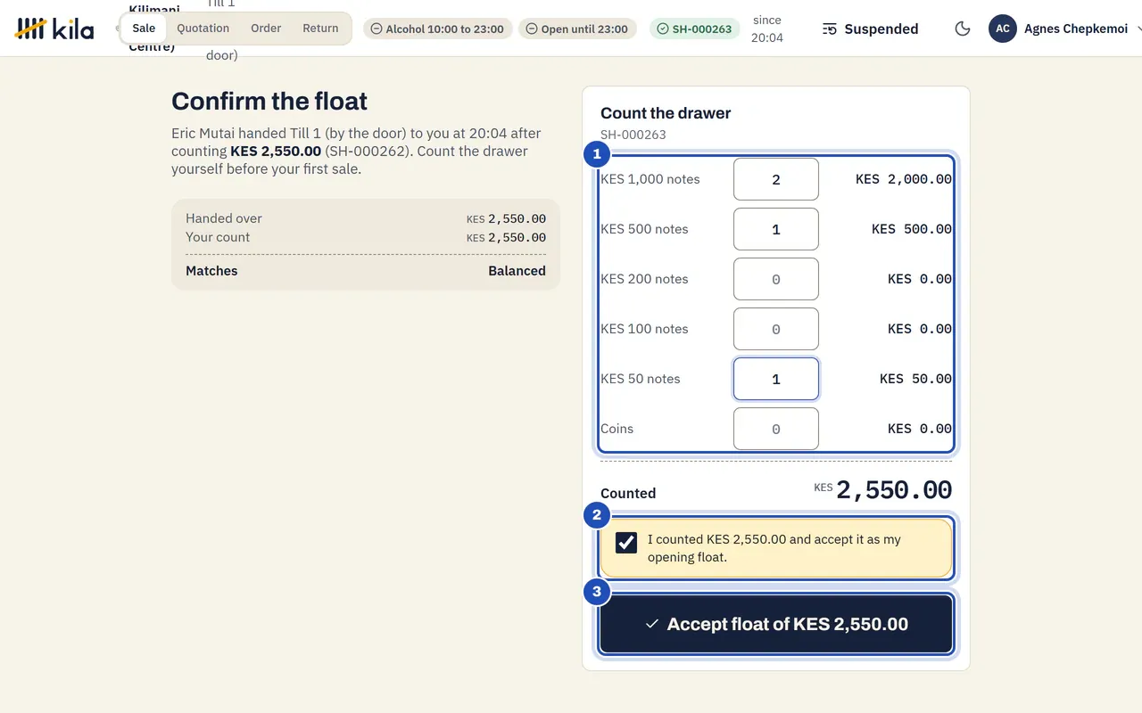 Confirm the float, for Agnes Chepkemoi: handed over KES 2,550.00 and her count KES 2,550.00 match. The count is marked 1, the box I counted KES 2,550.00 and accept it as my opening float is ticked (2), and Accept float of KES 2,550.00 is marked 3.
