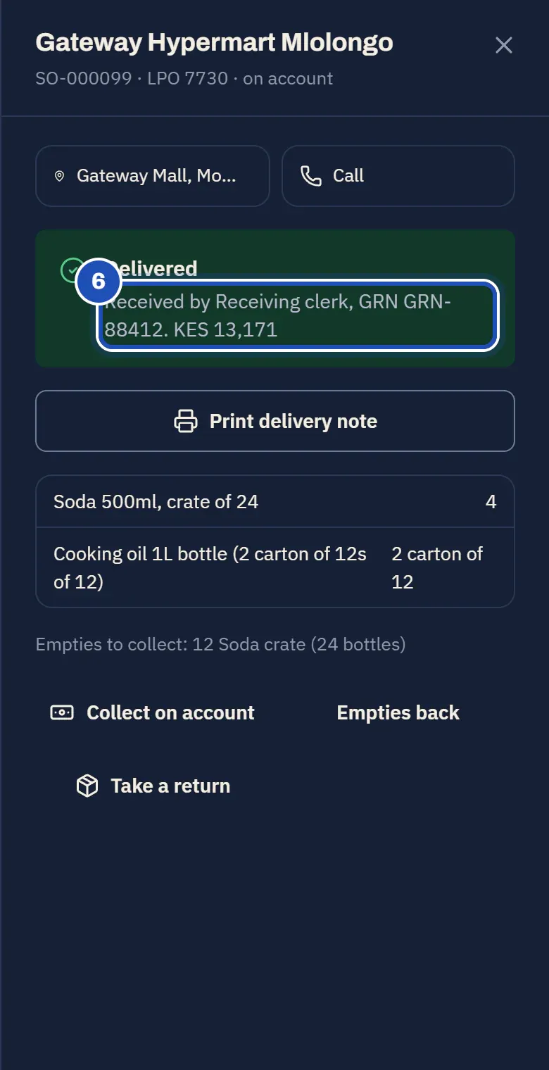 The stop again: Delivered, received by Receiving clerk, GRN GRN-88412, KES 13,171 (6), with Print delivery note.
