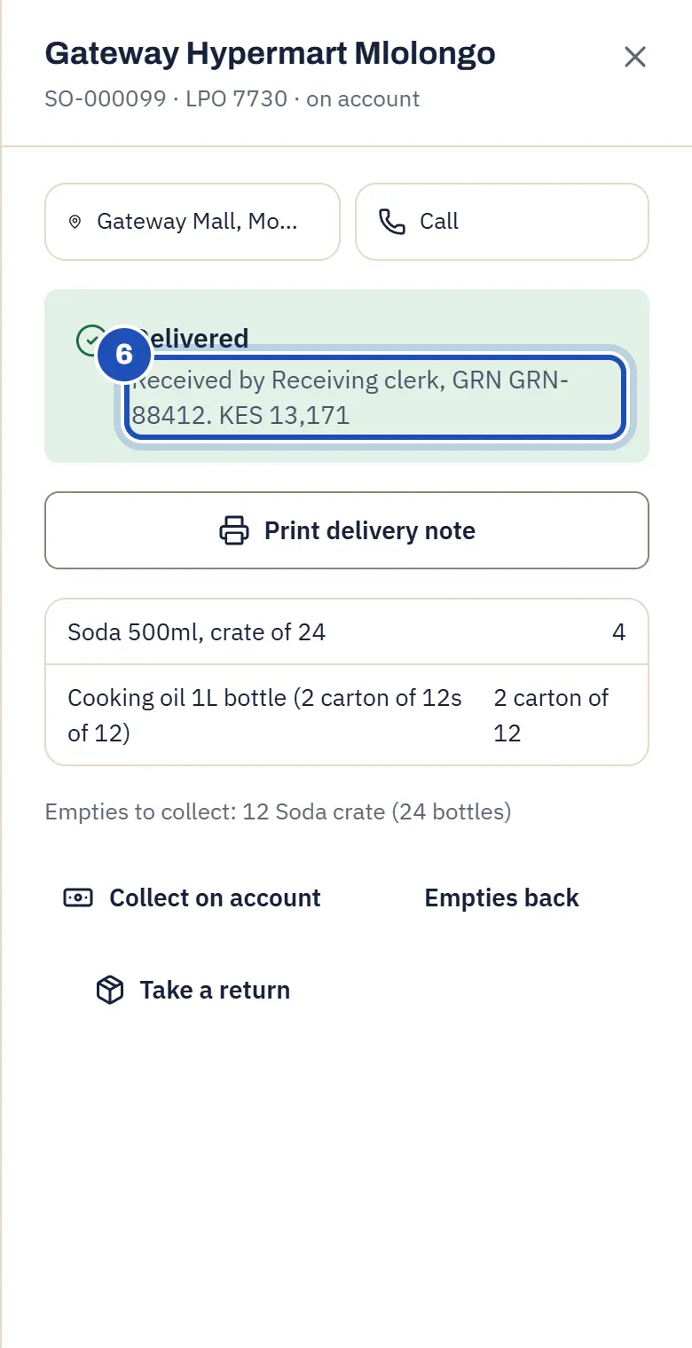 The stop again: Delivered, received by Receiving clerk, GRN GRN-88412, KES 13,171 (6), with Print delivery note.