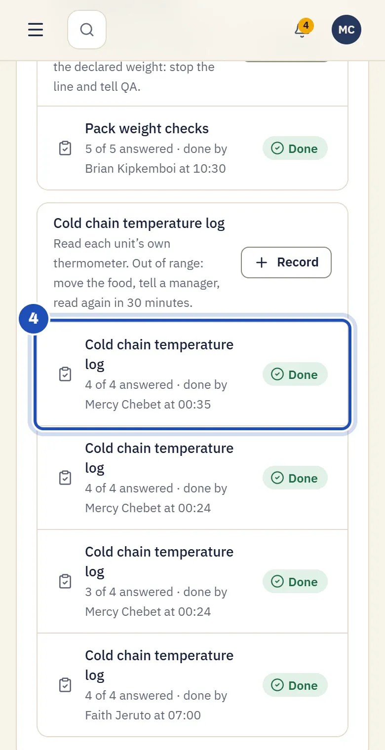 Today: the cold chain temperature log, 4 of 4 answered, done by Mercy Chebet, marked 4.