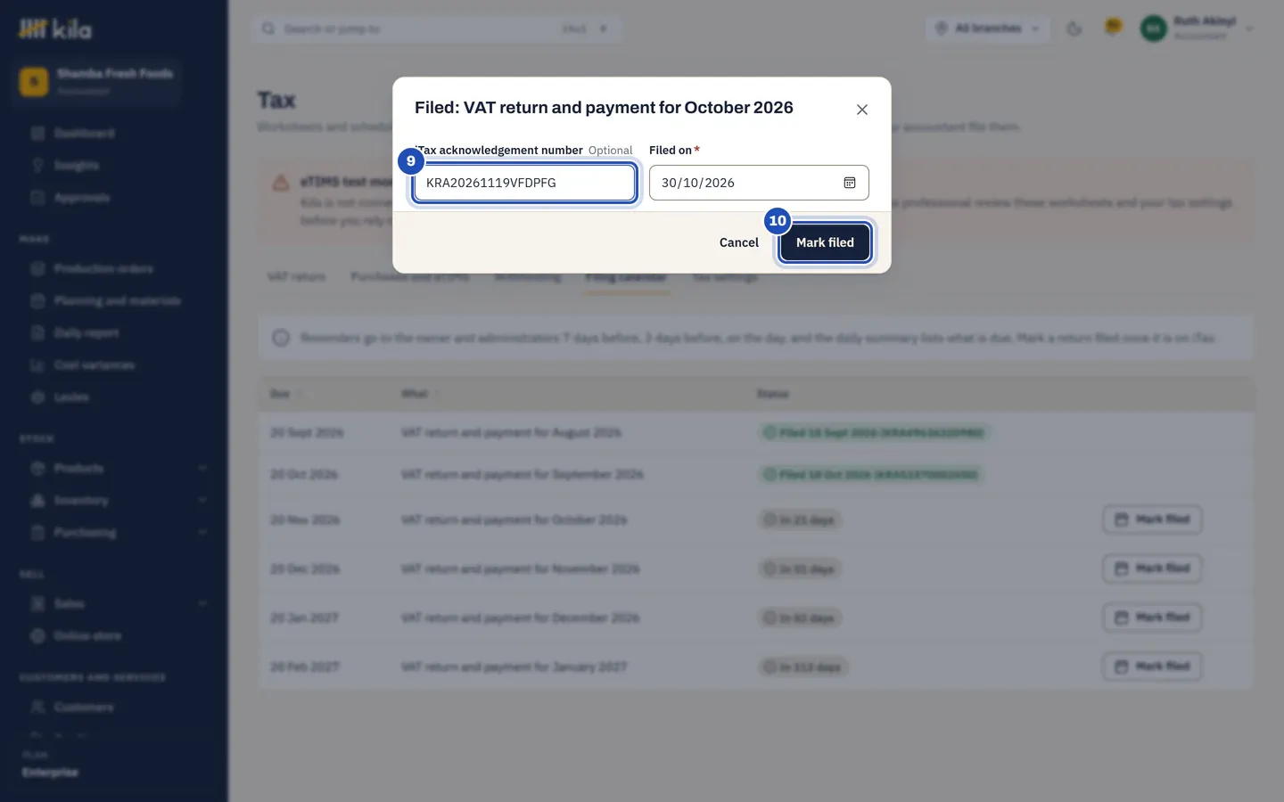 Filed: VAT return and payment, with the iTax acknowledgement number (9) and Mark filed (10).