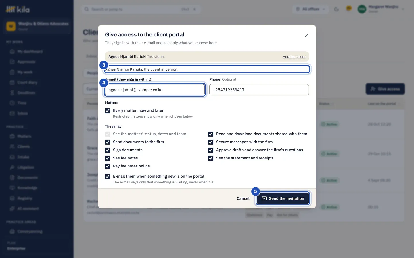 Give access to the client portal at Wanjiru & Otieno Advocates: the client in person, Agnes Njambi Kariuki (3), her e-mail (4), every matter and what she may do, and Send the invitation (5).