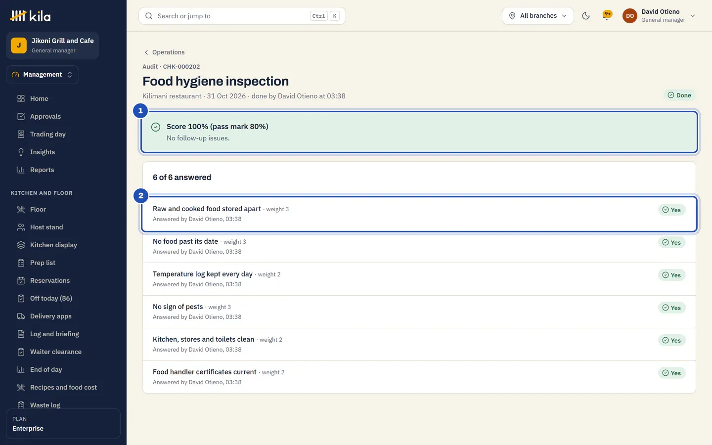A Food hygiene inspection at Kilimani restaurant done by David Otieno: Score 100% (pass mark 80%) and No follow-up issues (1), and the six items answered Yes, each with its weight, such as Raw and cooked food stored apart, weight 3 (2).