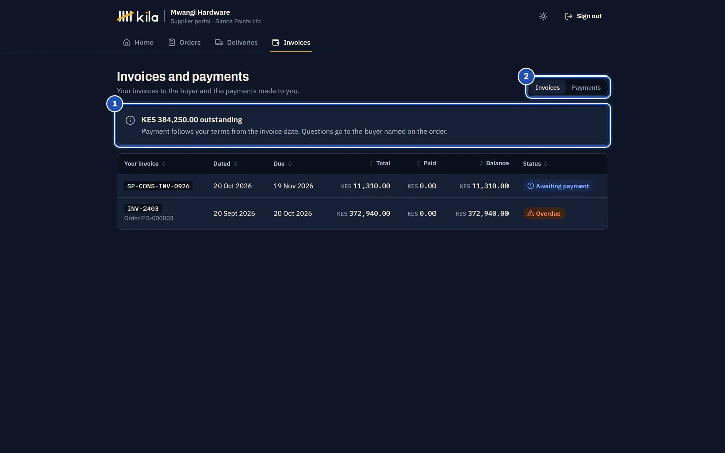 Invoices and payments: what is outstanding (1), the Invoices and Payments tabs (2), and two invoices, one awaiting payment and one overdue.