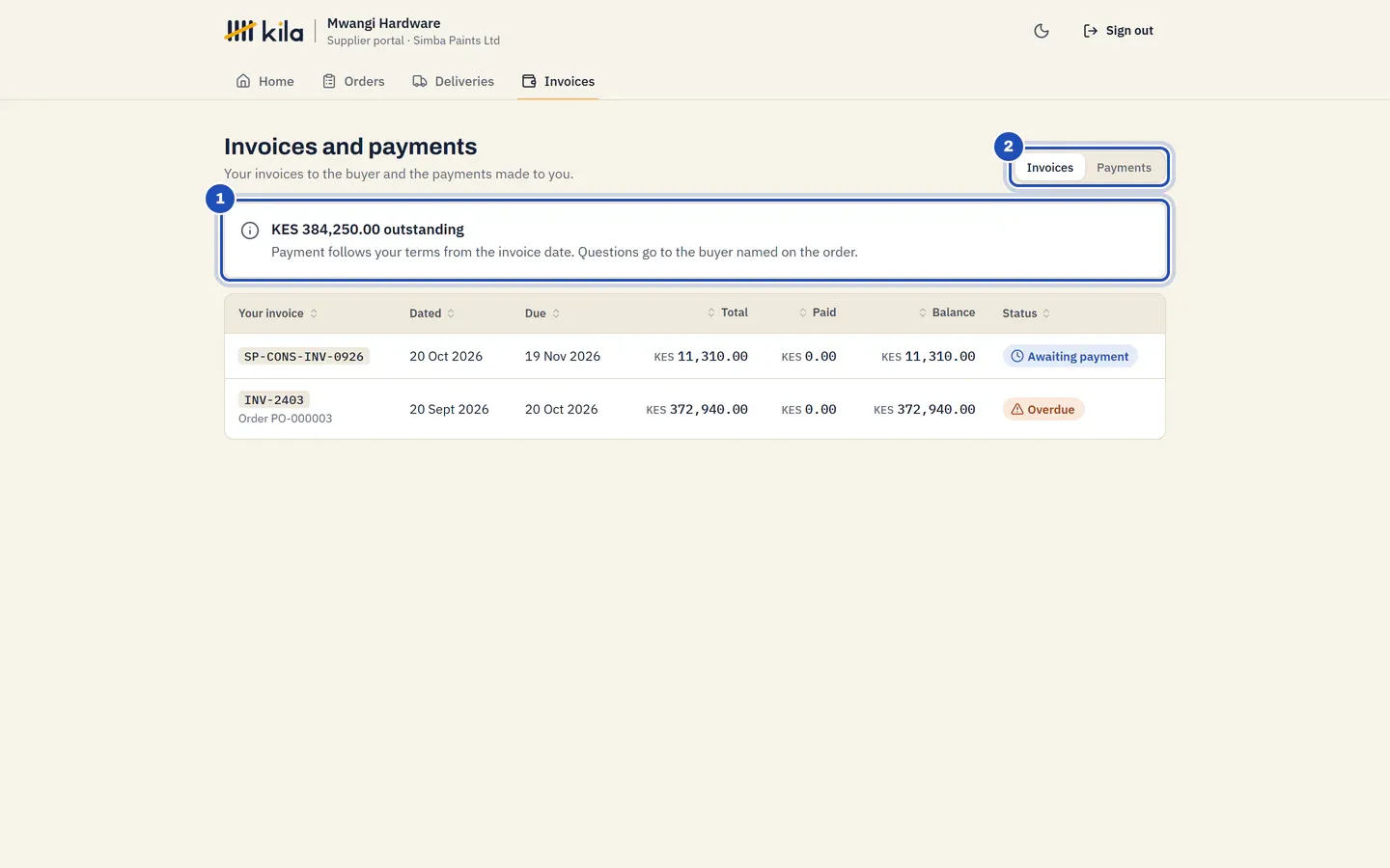 Invoices and payments: what is outstanding (1), the Invoices and Payments tabs (2), and two invoices, one awaiting payment and one overdue.