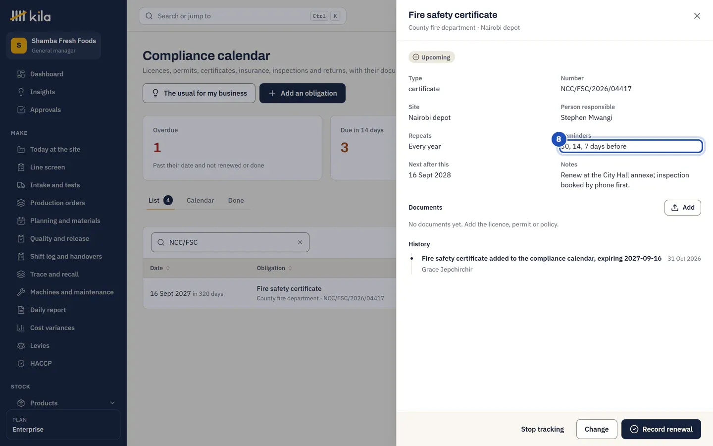 The fire safety certificate opened: its reminders, 30, 14, 7 days before (8), its documents, and Change, Record renewal and Stop tracking.