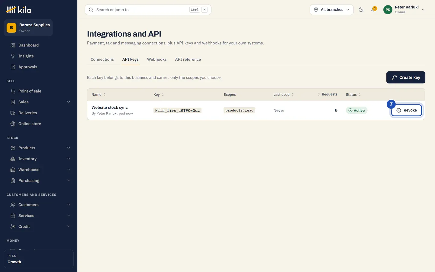 The API keys list: Website stock sync, by Peter Kariuki, its scopes, last used Never, 0 requests, Active, with Revoke marked 7.