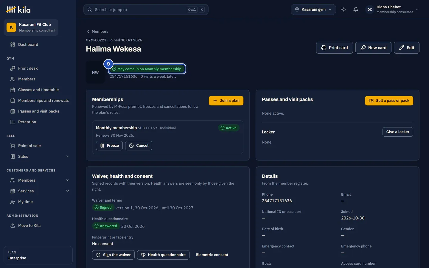 Halima Wekesa's page: May come in on Monthly membership is marked 9, and the Monthly membership is Active, renewing in a month.