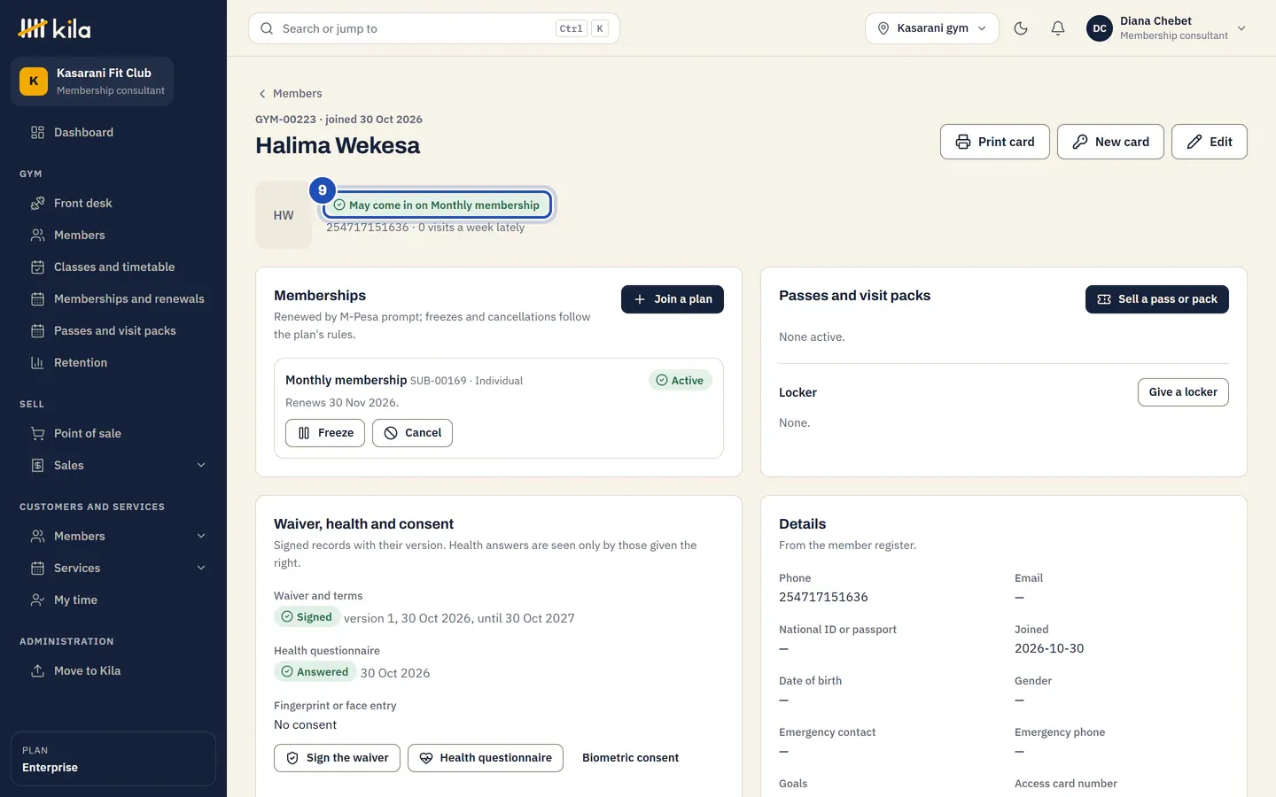 Halima Wekesa's page: May come in on Monthly membership is marked 9, and the Monthly membership is Active, renewing in a month.