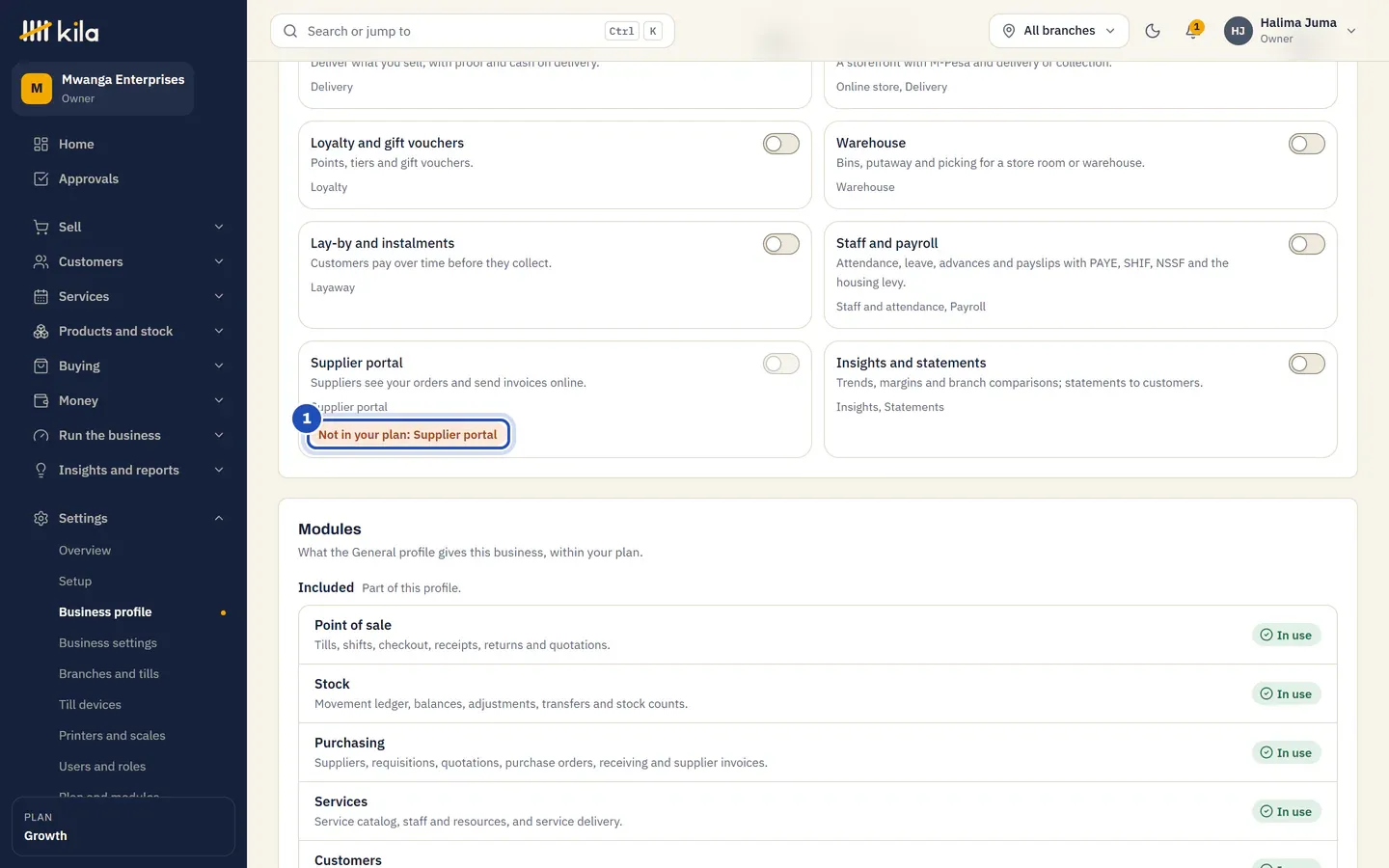 Supplier portal on the Growth plan: its switch is grey and it says Not in your plan: Supplier portal (1).