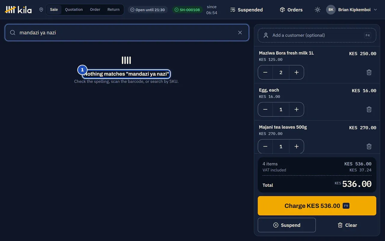A search for mandazi ya nazi: Kila says nothing matches it (1) and suggests checking the spelling, scanning the barcode or searching by SKU.