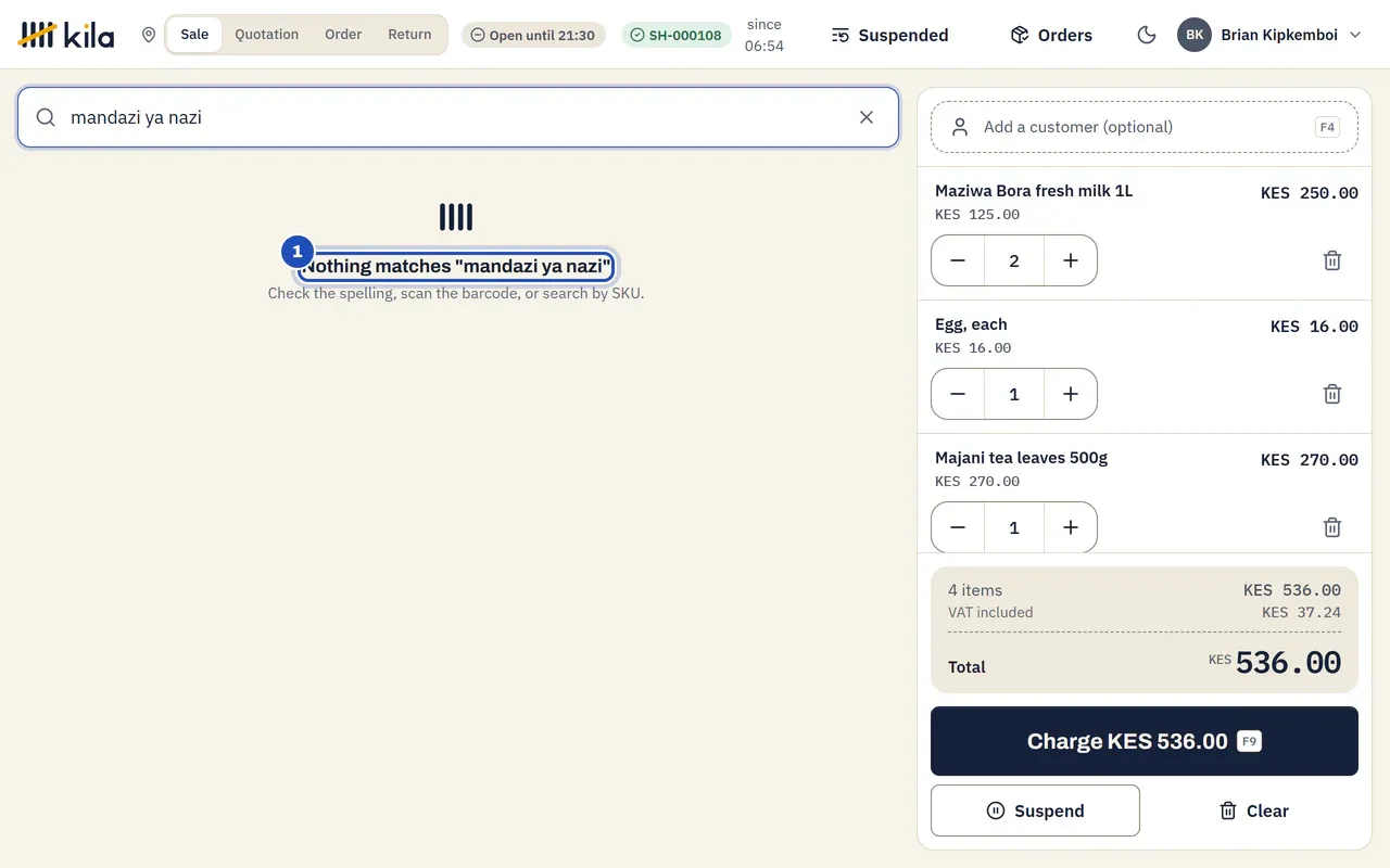 A search for mandazi ya nazi: Kila says nothing matches it (1) and suggests checking the spelling, scanning the barcode or searching by SKU.