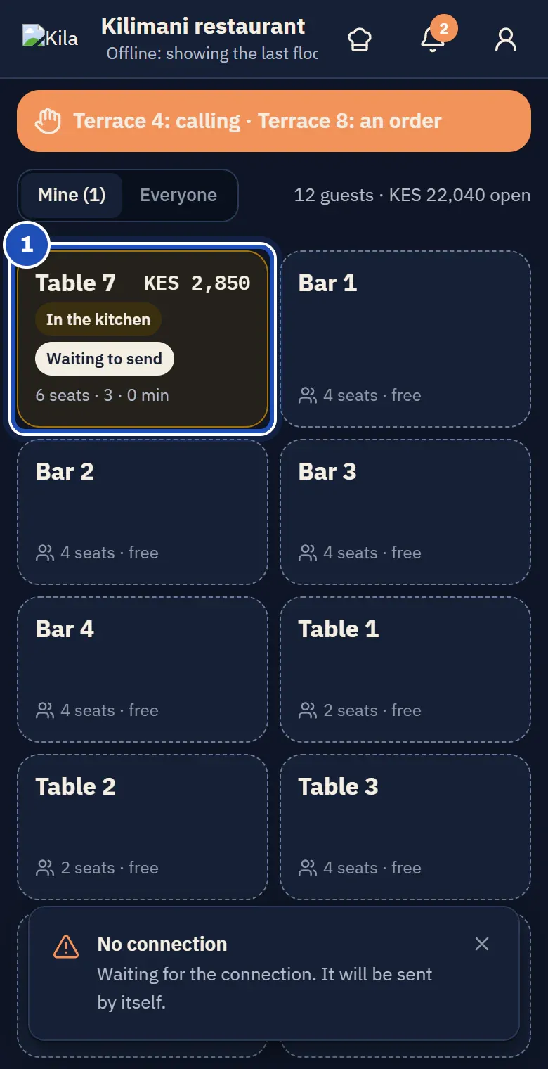 Kila Floor with no connection: the top says Offline and 1 round to send, and Table 7 shows Waiting to send (1).
