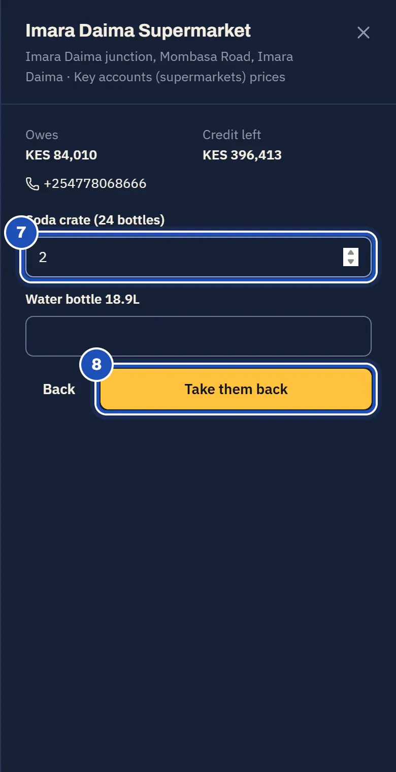 Empties back on Kevin Otieno's phone at a shop on his beat: two soda crates typed (7) and Take them back marked 8.