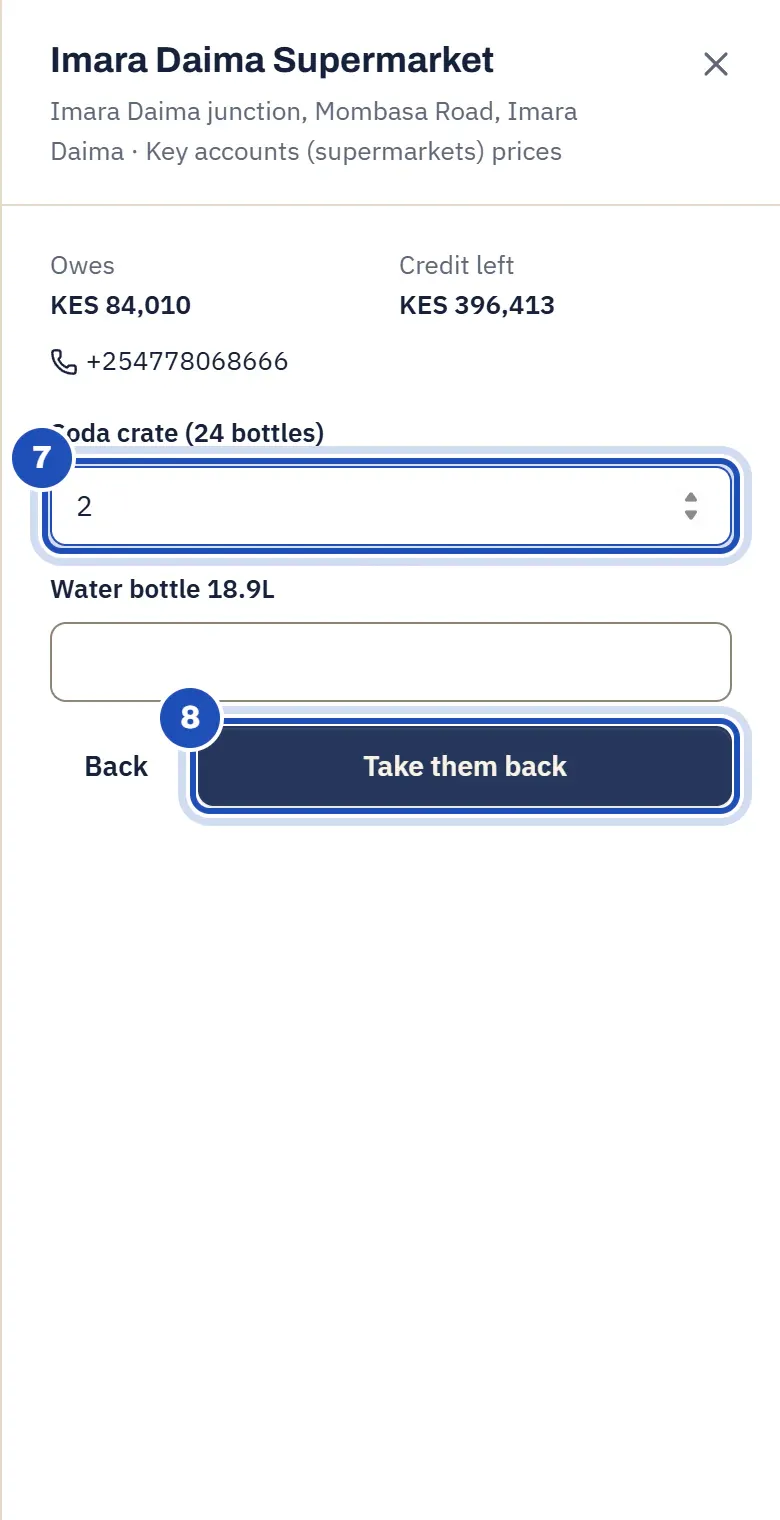 Empties back on Kevin Otieno's phone at a shop on his beat: two soda crates typed (7) and Take them back marked 8.
