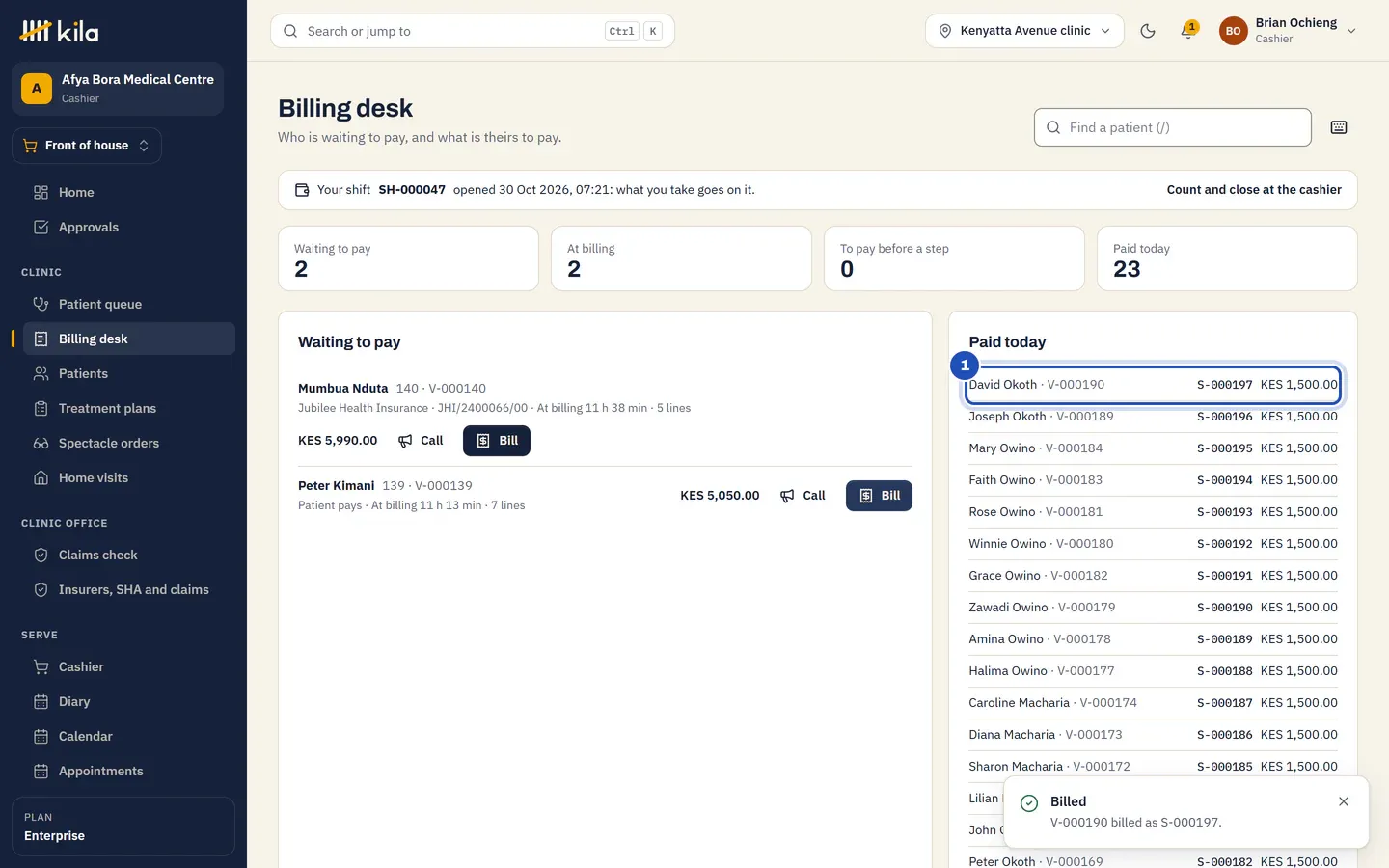 Paid today on the billing desk, with the insured patient's bill and its receipt number marked 1.