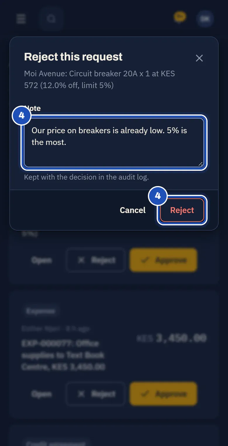 Reject this request on a phone: the note Our price on breakers is already low and the Reject button, both marked 4.