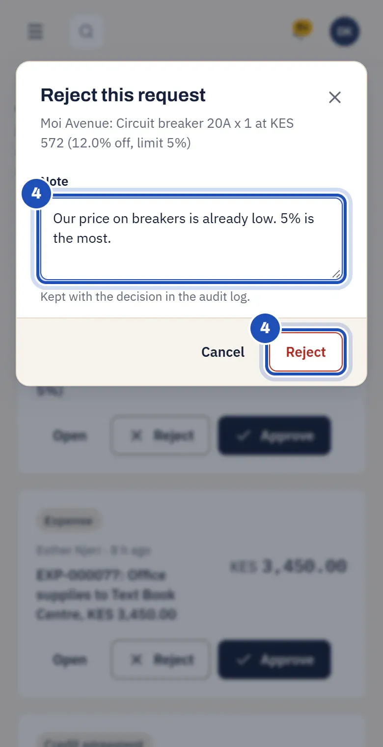 Reject this request on a phone: the note Our price on breakers is already low and the Reject button, both marked 4.
