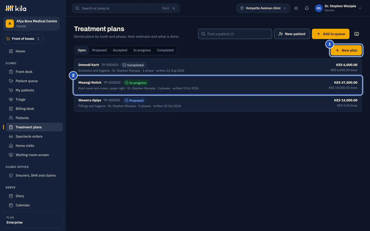 Treatment plans for Dr. Stephen Wanjala, dentist: New plan (1), and the plans with their state, such as TP-000002, Root canal and crown, upper right, 3 phases, In progress, KES 47,500.00 with KES 19,000.00 done (2).