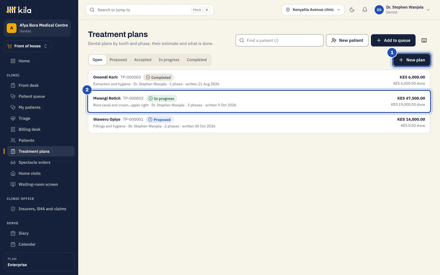 Treatment plans for Dr. Stephen Wanjala, dentist: New plan (1), and the plans with their state, such as TP-000002, Root canal and crown, upper right, 3 phases, In progress, KES 47,500.00 with KES 19,000.00 done (2).