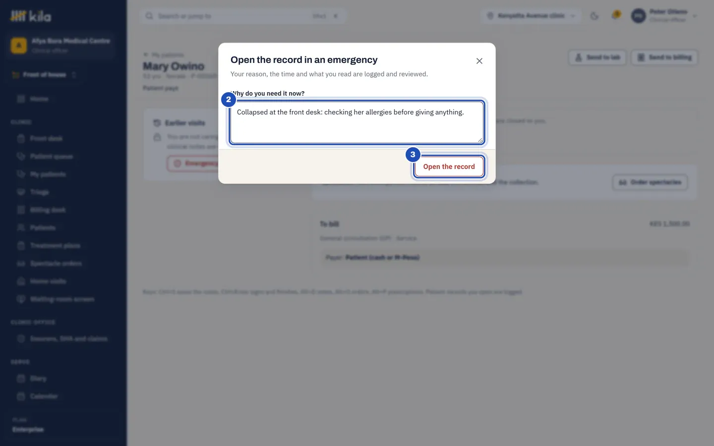Open the record in an emergency: the reason, Collapsed at the front desk: checking her allergies before giving anything (2), and Open the record (3).