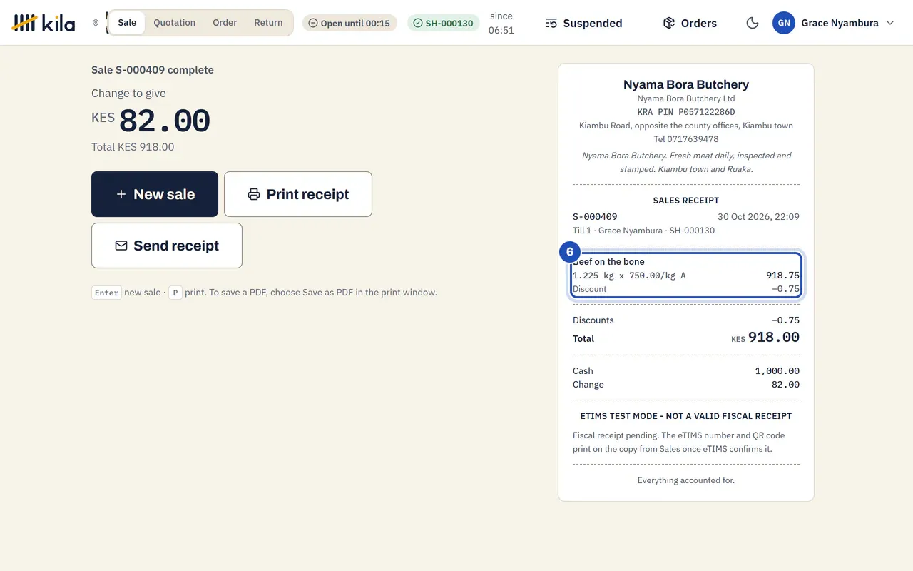 Sale complete with KES 82.00 change to give. The receipt shows Beef on the bone, 1.225 kg x 750.00/kg, 918.75, a discount of 0.75 and the total KES 918.00 (6).