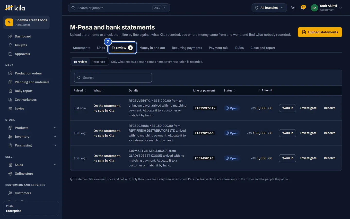 To review (7): a transfer in with no matching payment, to allocate to a customer or match.