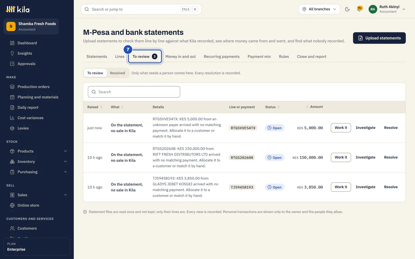 To review (7): a transfer in with no matching payment, to allocate to a customer or match.