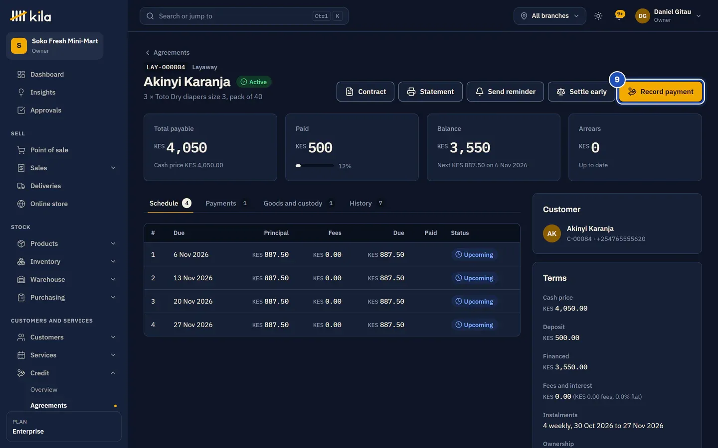 The layaway running: total payable KES 4,050, KES 500 paid, balance KES 3,550 with the next KES 887.50 due, four weekly instalments upcoming, and Record payment (9).