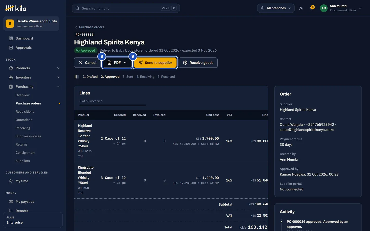 PO-000016, approved by Kamau Ndegwa, delivering to the Baba Dogo store: PDF (8) and Send to supplier (9). The supplier portal is not connected.