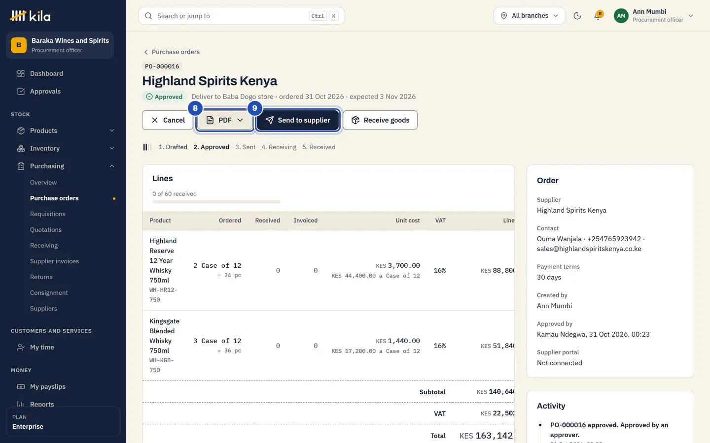 PO-000016, approved by Kamau Ndegwa, delivering to the Baba Dogo store: PDF (8) and Send to supplier (9). The supplier portal is not connected.