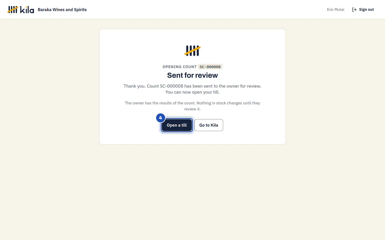 Sent for review: the opening count has gone to the owner, nothing in stock changes until they review it, and Open a till is marked 4.